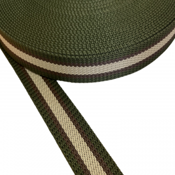 Synthetic belt, narrow fabric, webbing tape in 30mm width and Khaki Color with Beige-Brown stripes